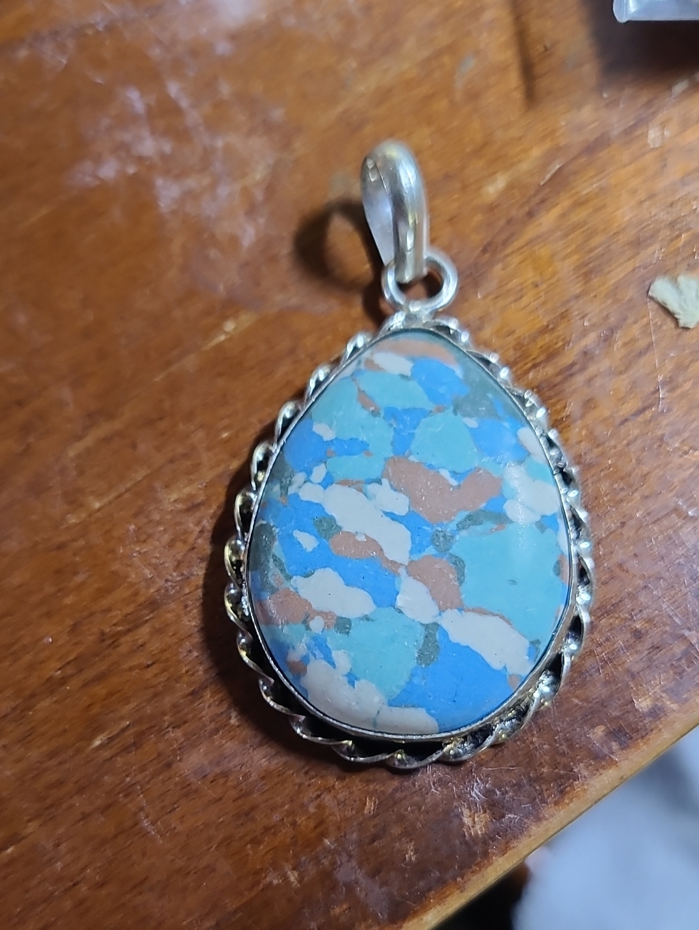 Sterling Silver Turquoise Mosaic Teardrop Pendant - Blue and Tan